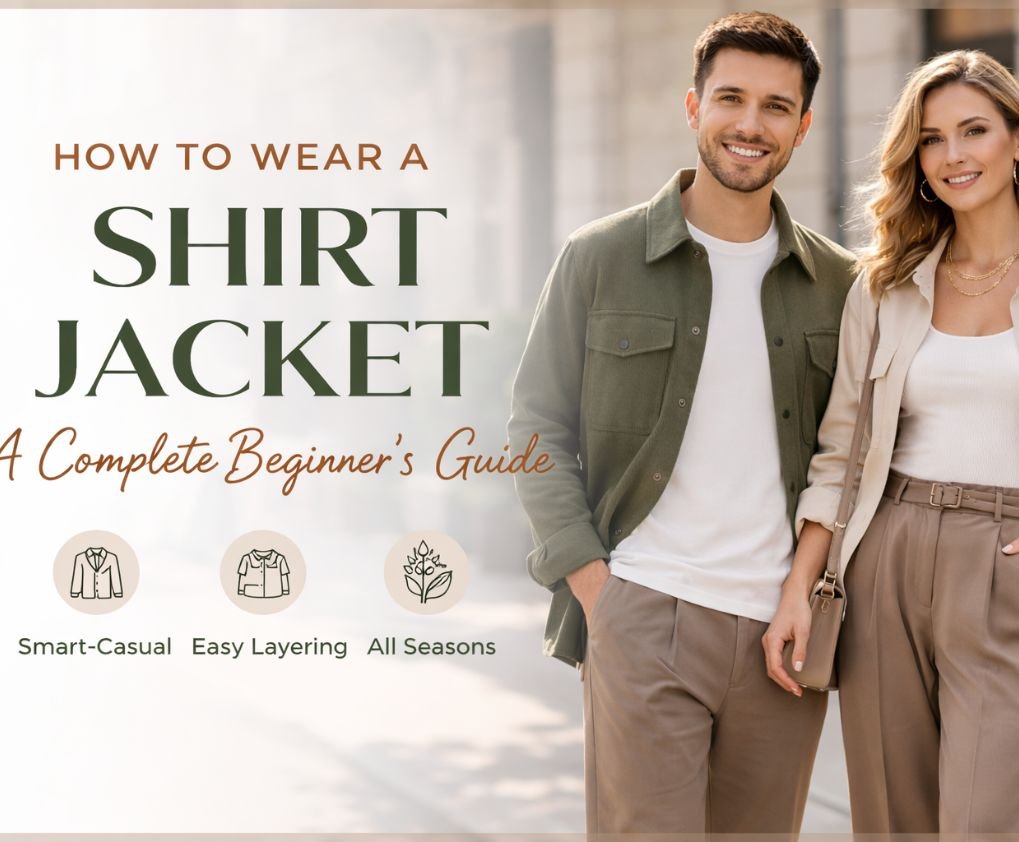 Smart-casual look styled with a shirt jacket and tailored trousers