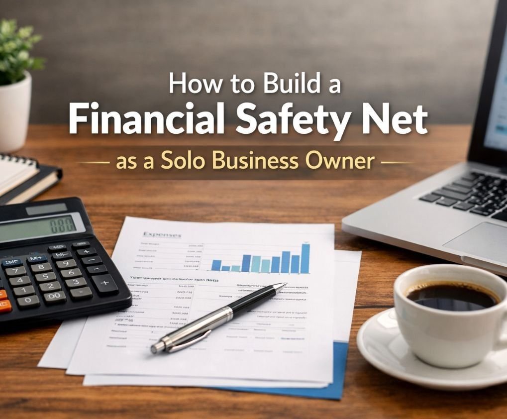 Financial planning workspace with calculator, laptop, and coffee