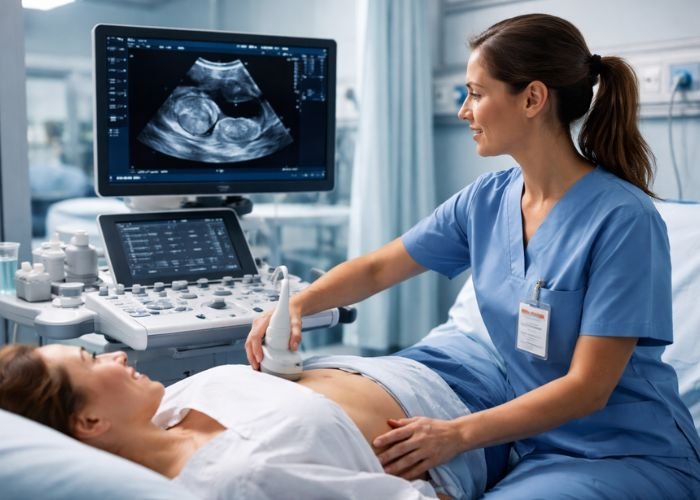 ultrasound technician performing scan in California hospital