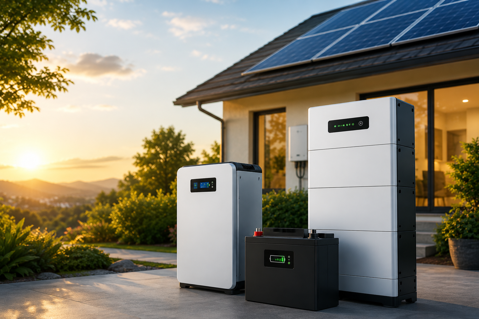 Modern home with rooftop solar panels and multiple solar battery storage units placed outdoors during sunset, illustrating residential solar energy storage and backup power solutions.